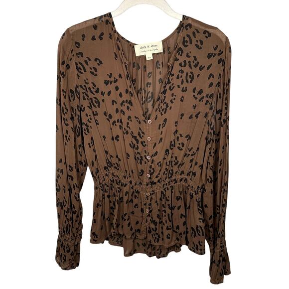 Cloth & Stone Black & Brown Animal Print V-Neck Peplum Blouse Women's XS - Picture 2 of 7